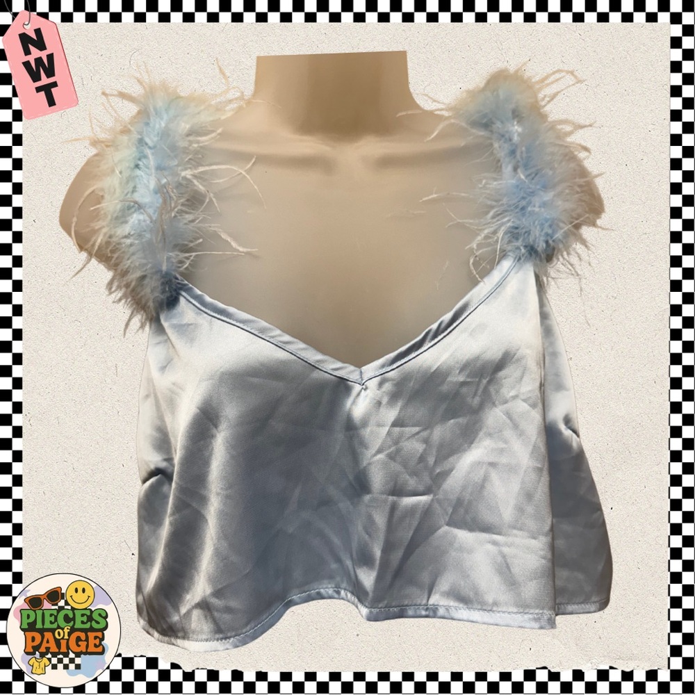 Nasty Gal Light Blue Satin Feather Strap Cropped Cami